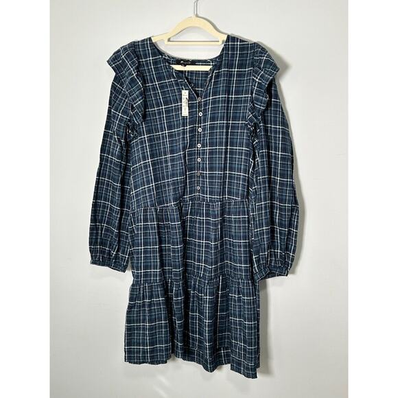 NWT Madewell Women's Gauze Ruffle Trimmed Mini Dress in Deep Indigo Plaid Size L - Picture 3 of 9